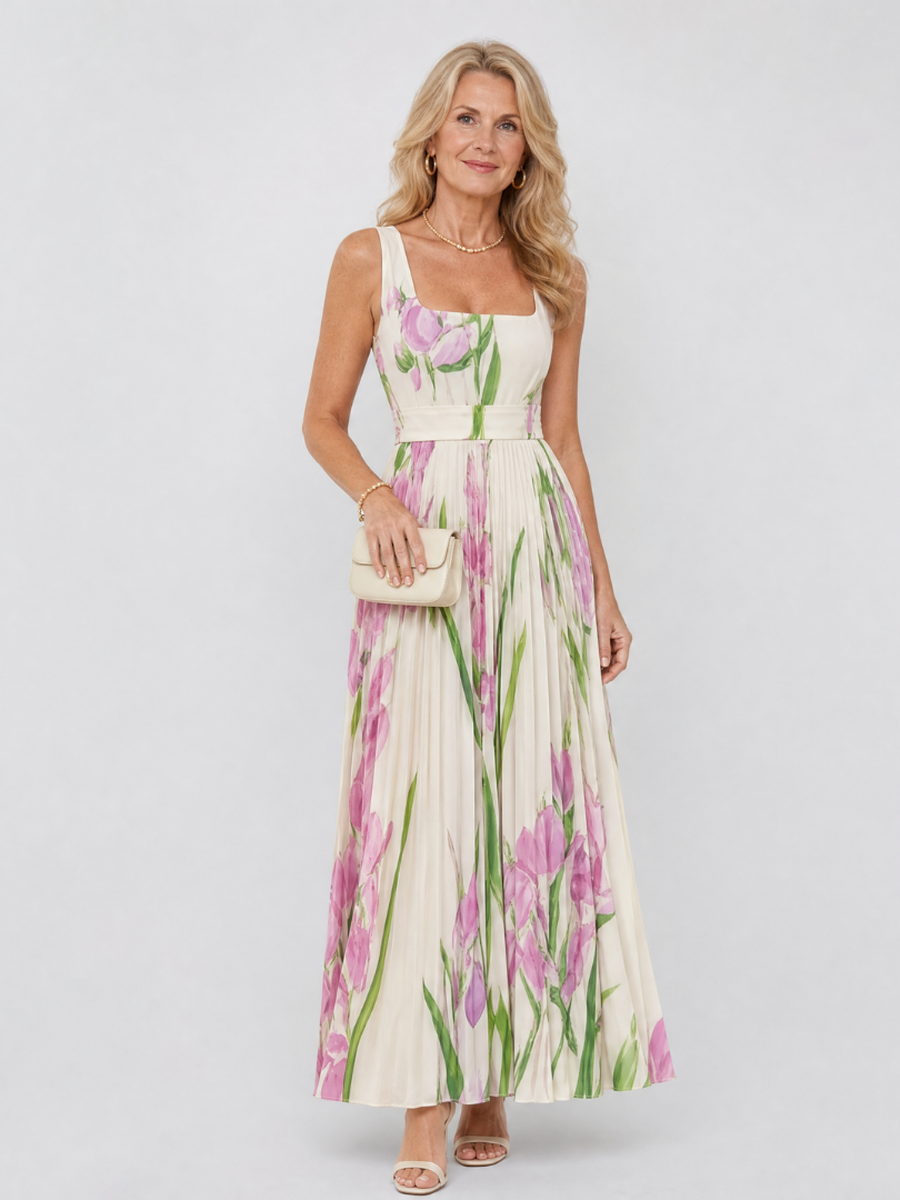Charlotte | Vestido midi plisado floral con escote cuadrado