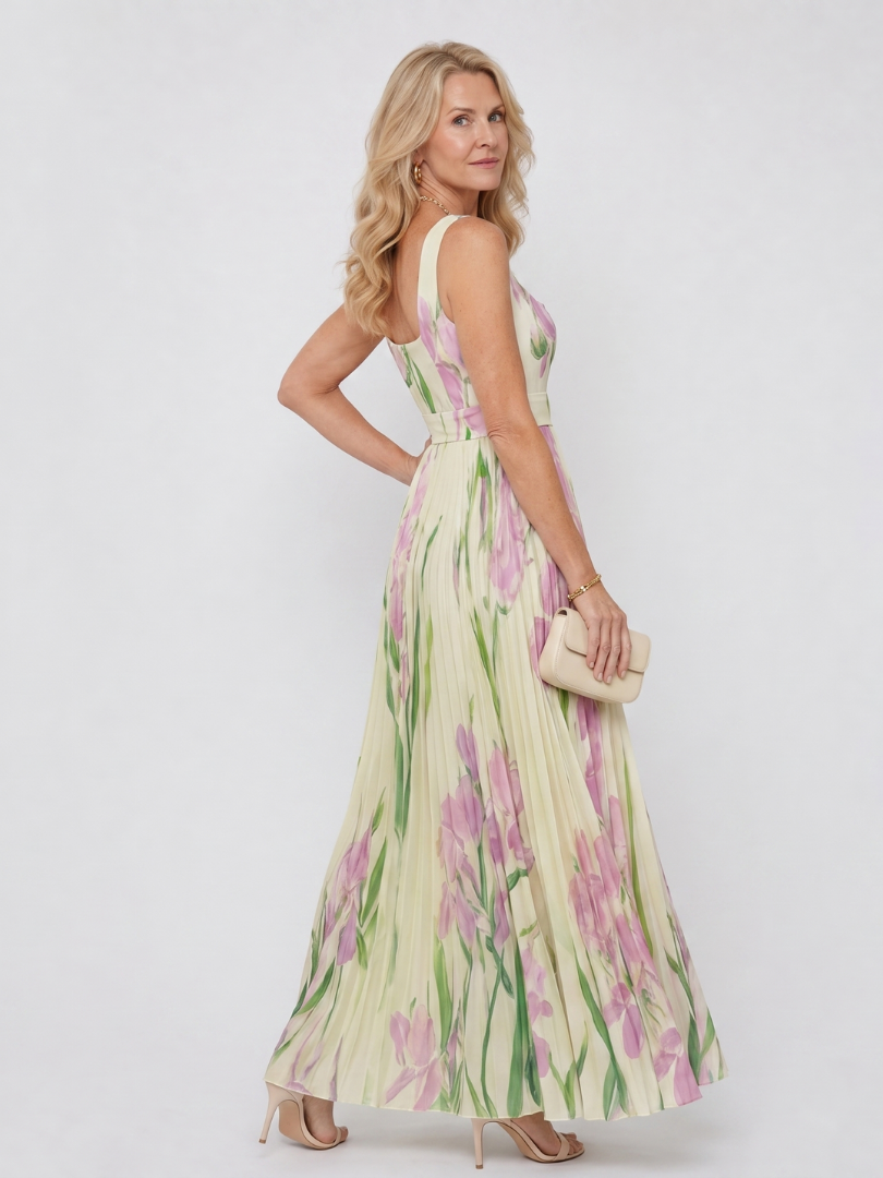 Charlotte | Vestido midi plisado floral con escote cuadrado