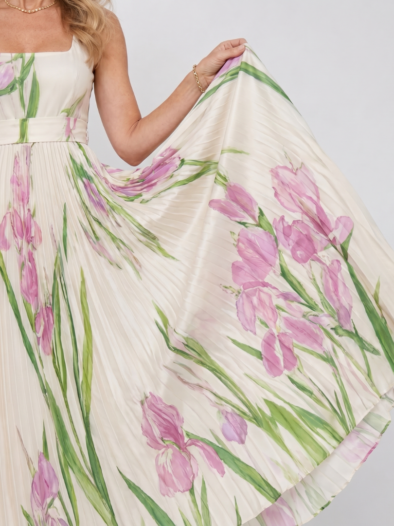 Charlotte | Vestido midi plisado floral con escote cuadrado