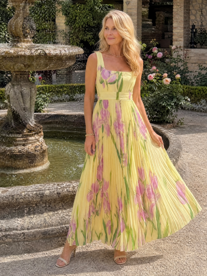 Charlotte | Vestido midi plisado floral con escote cuadrado