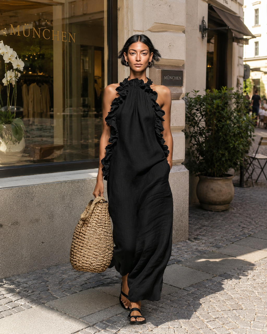 Helene | Vestido largo de lino sin mangas con volantes