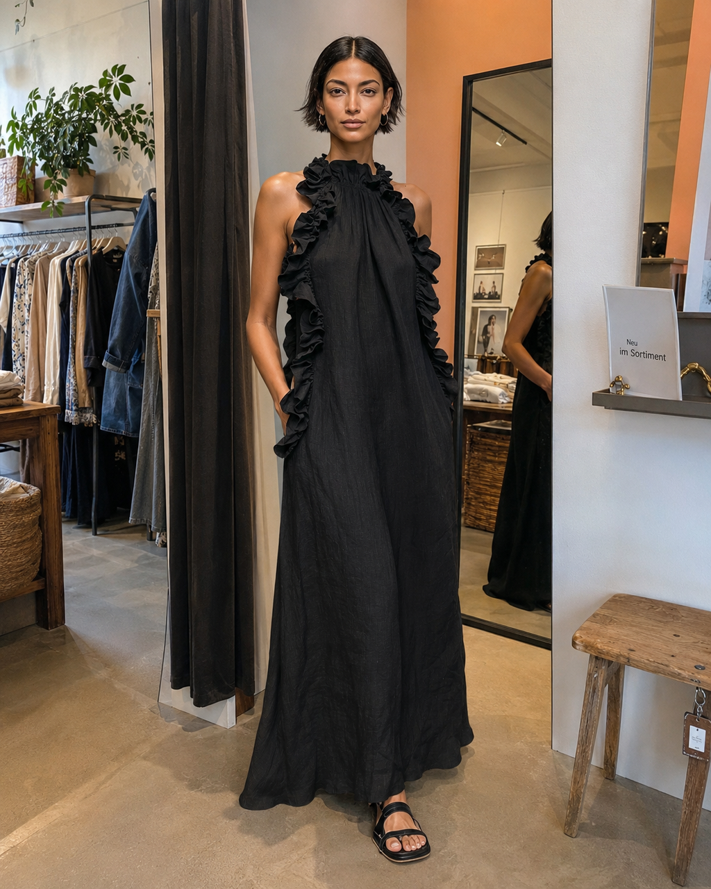 Helene | Vestido largo de lino sin mangas con volantes