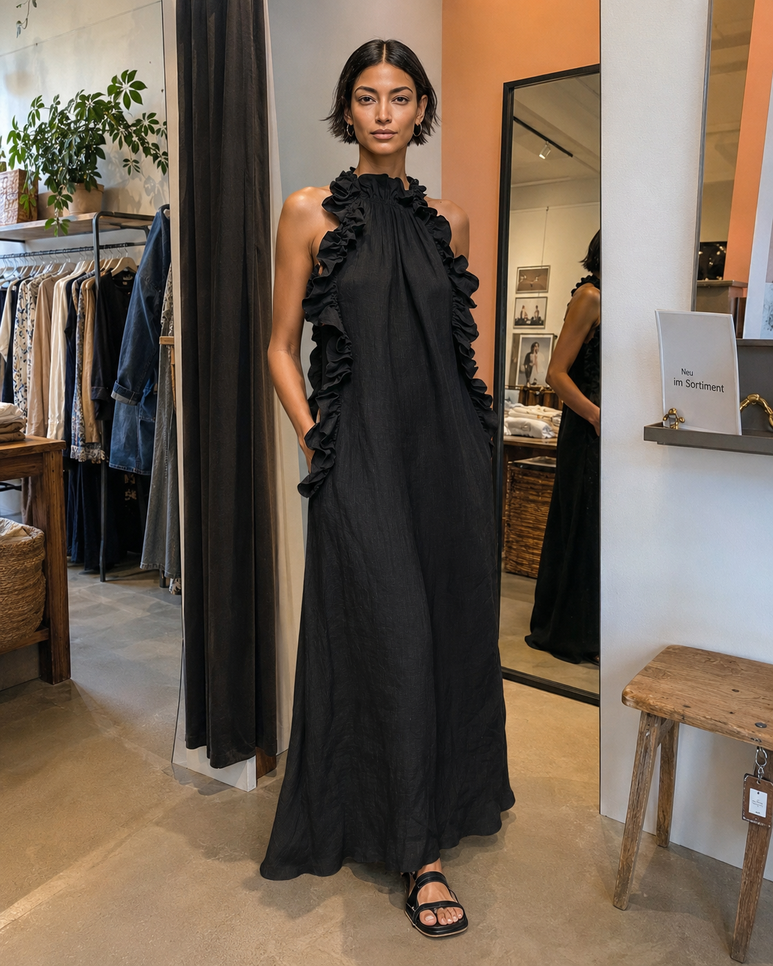 Helene | Vestido largo de lino sin mangas con volantes