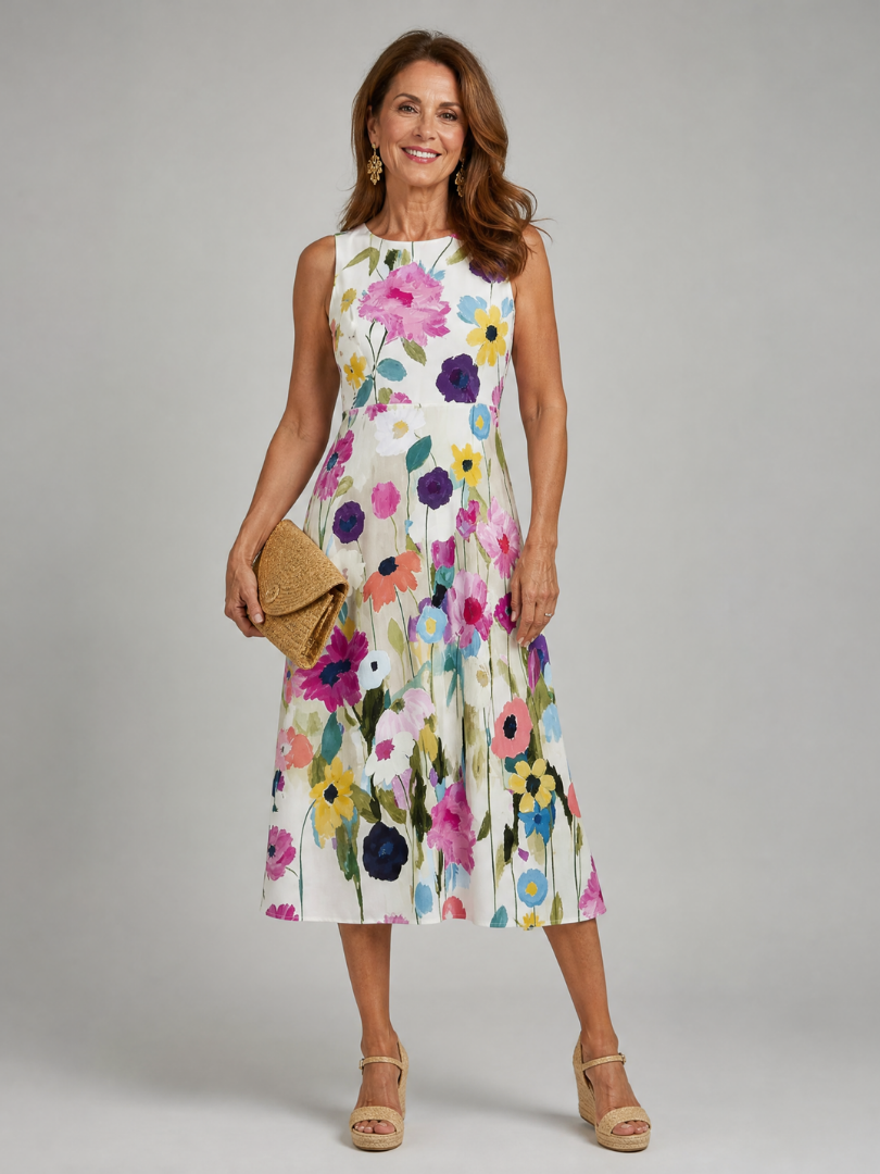 Emilia | Vestido midi floral sin mangas con cuello redondo