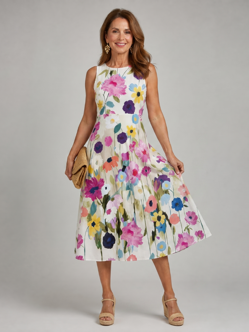 Emilia | Vestido midi floral sin mangas con cuello redondo