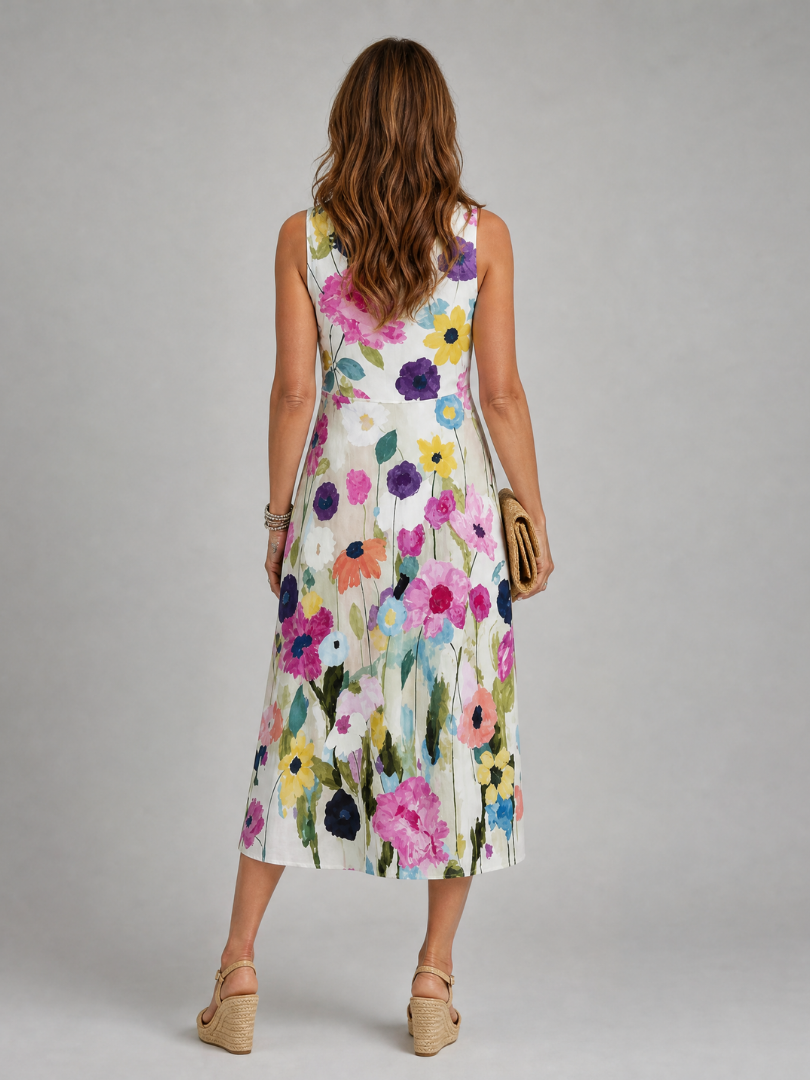 Emilia | Vestido midi floral sin mangas con cuello redondo