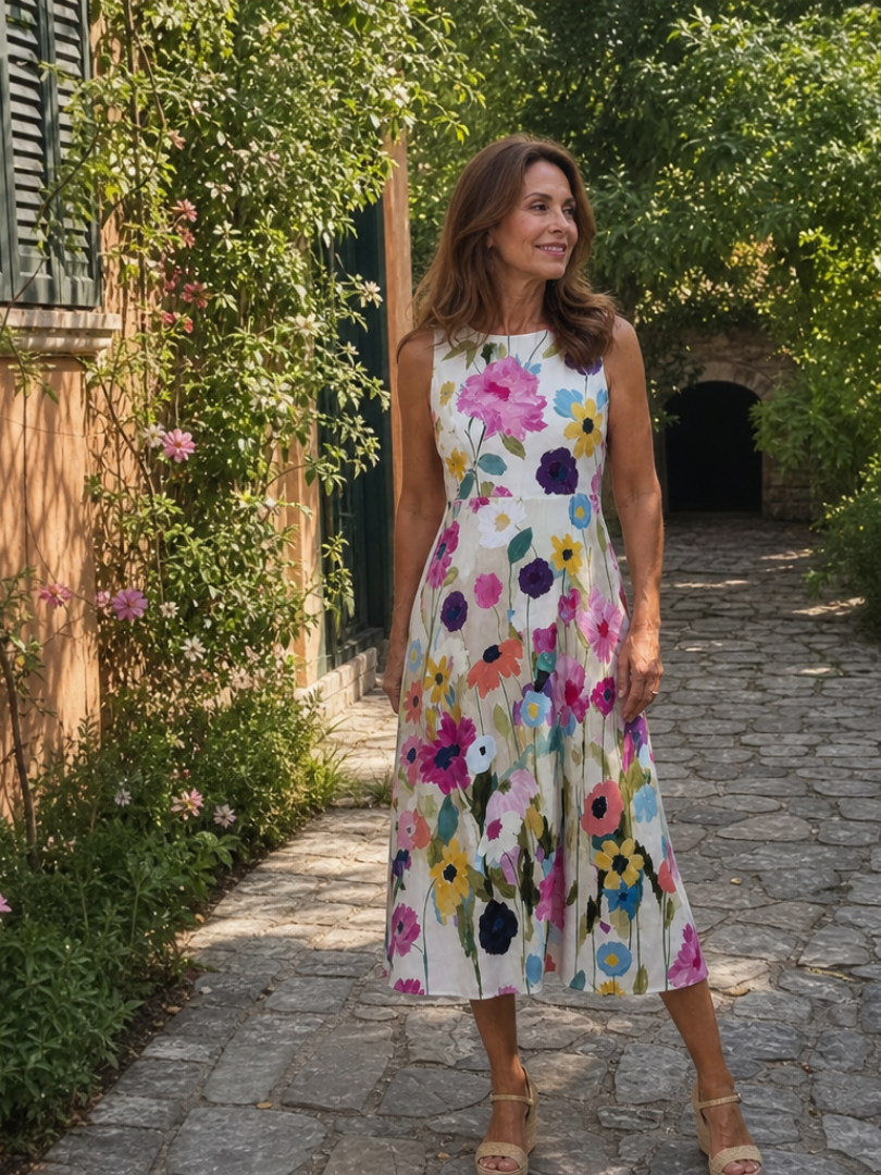 Emilia | Vestido midi floral sin mangas con cuello redondo
