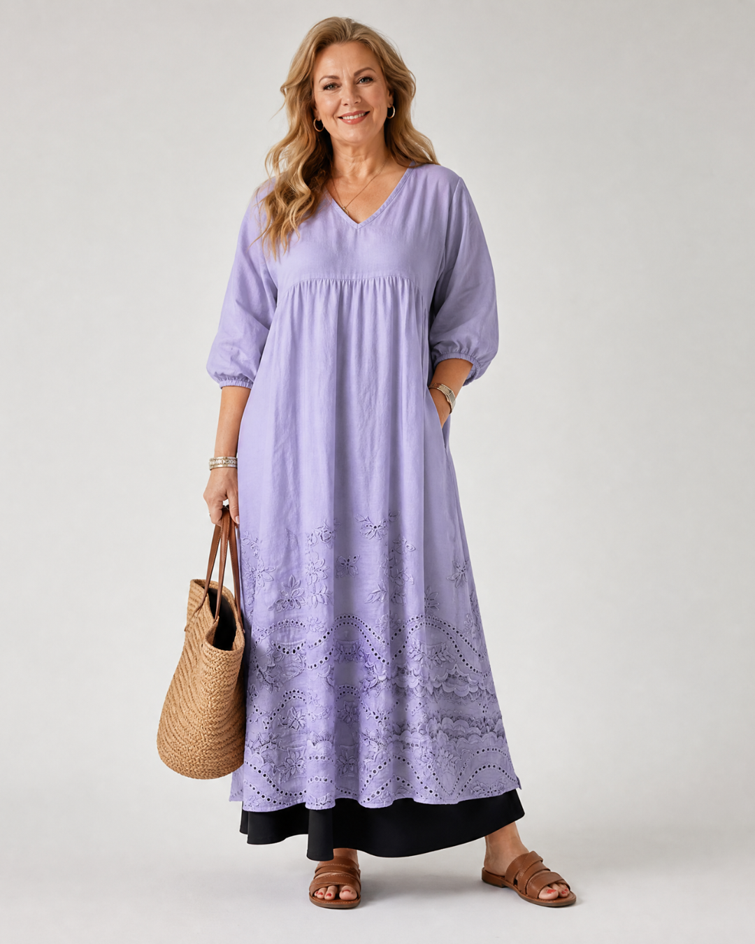 Evelin | Vestido midi boho con dobladillo bordado