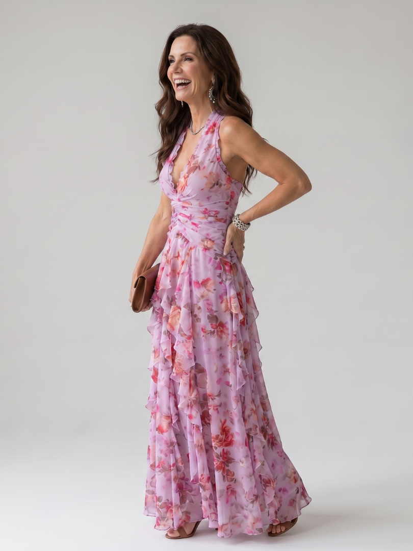 Geraldine | Vestido maxi halter con top fruncido
