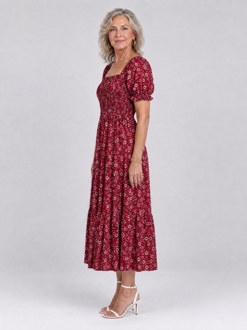 Greta | Vestido midi floral con cuerpo fruncido