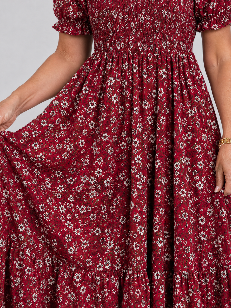 Greta | Vestido midi floral con cuerpo fruncido