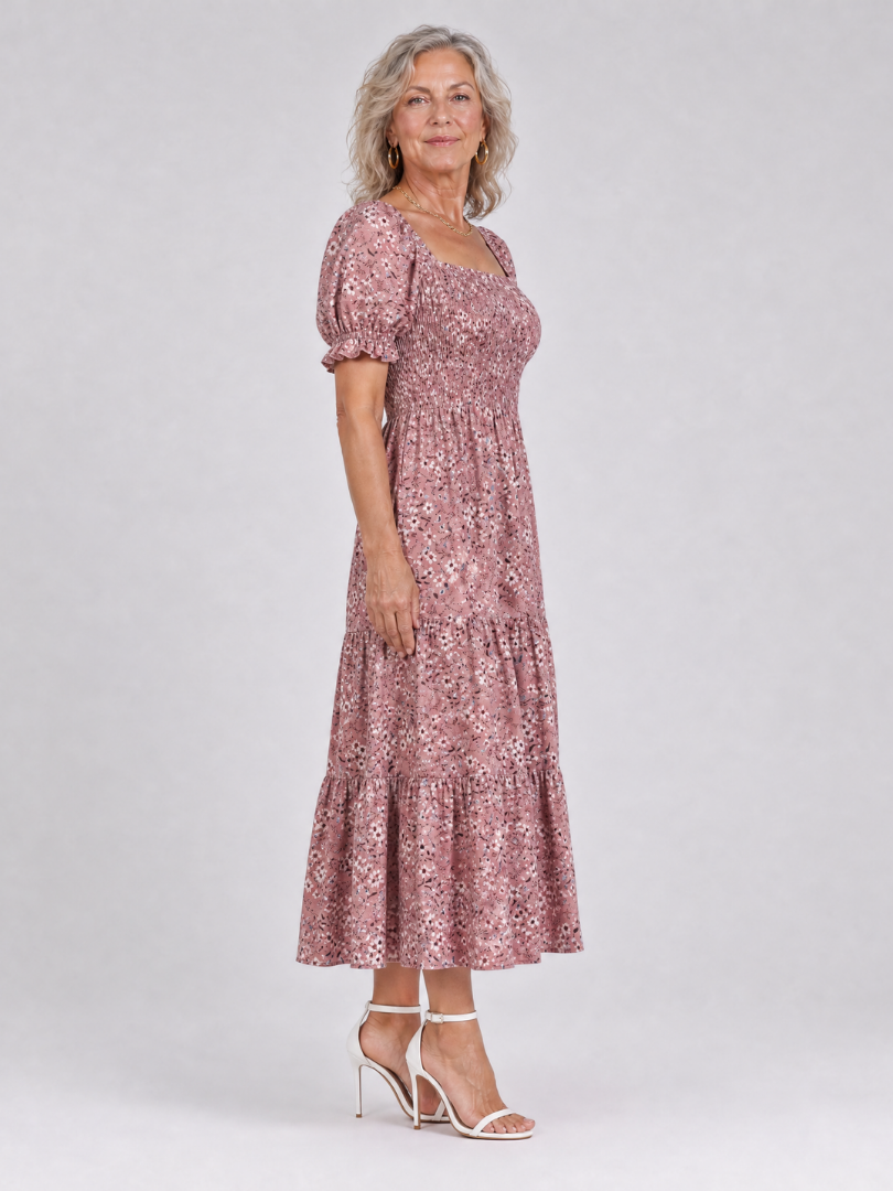 Greta | Vestido midi floral con cuerpo fruncido