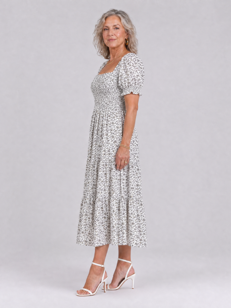 Greta | Vestido midi floral con cuerpo fruncido