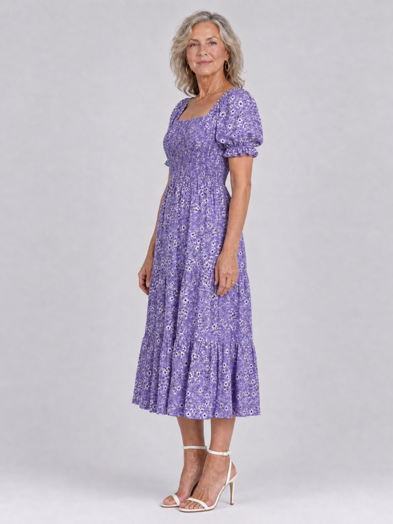 Greta | Vestido midi floral con cuerpo fruncido