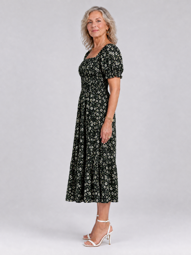 Greta | Vestido midi floral con cuerpo fruncido
