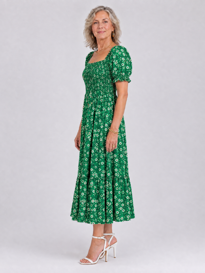 Greta | Vestido midi floral con cuerpo fruncido