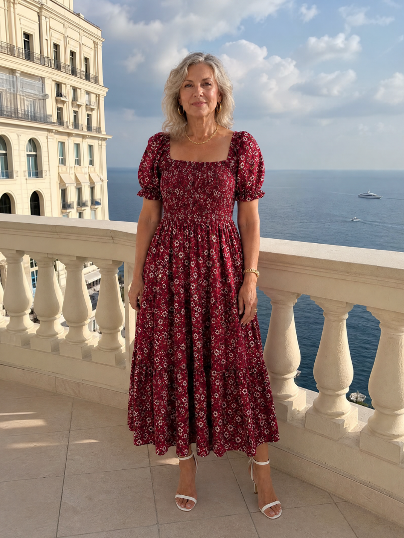 Greta | Vestido midi floral con cuerpo fruncido