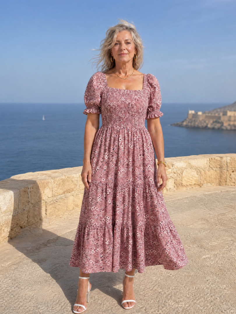 Greta | Vestido midi floral con cuerpo fruncido