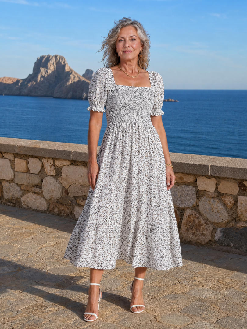 Greta | Vestido midi floral con cuerpo fruncido