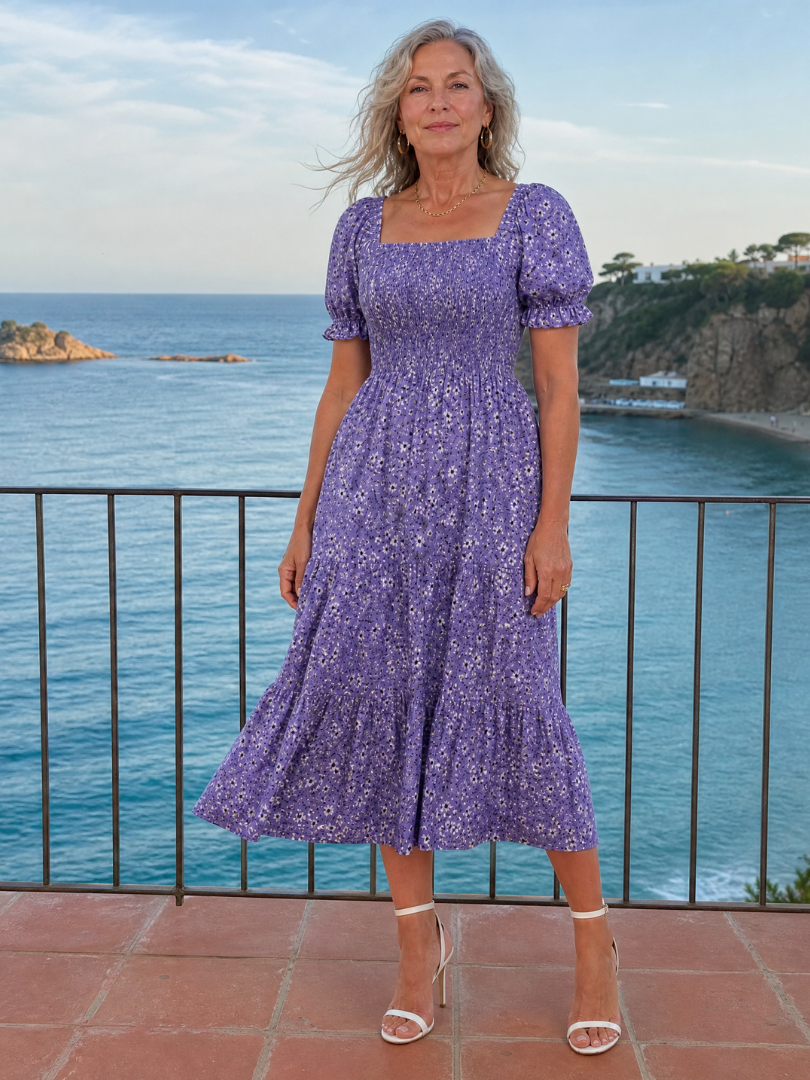 Greta | Vestido midi floral con cuerpo fruncido