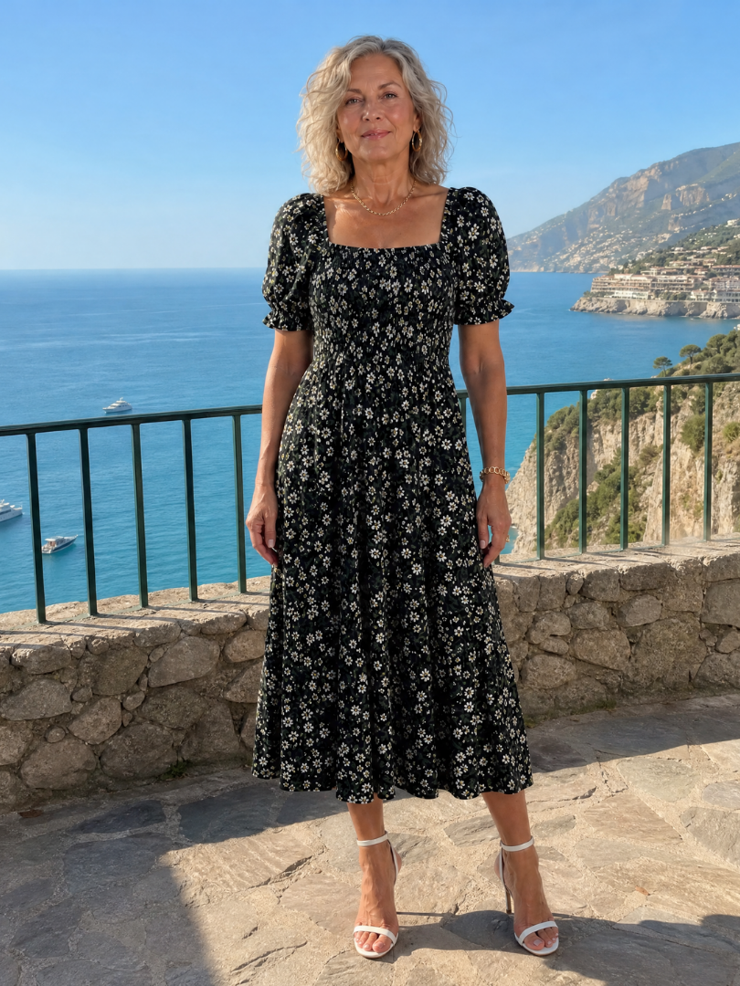 Greta | Vestido midi floral con cuerpo fruncido