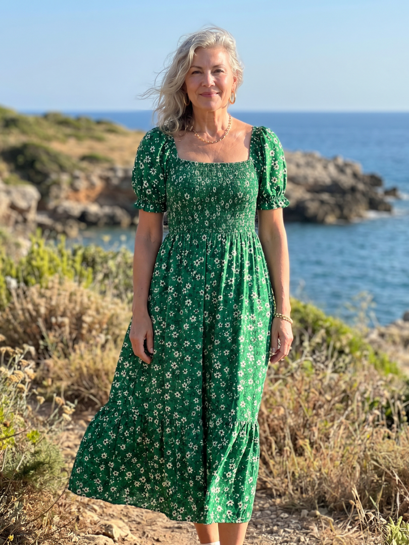 Greta | Vestido midi floral con cuerpo fruncido