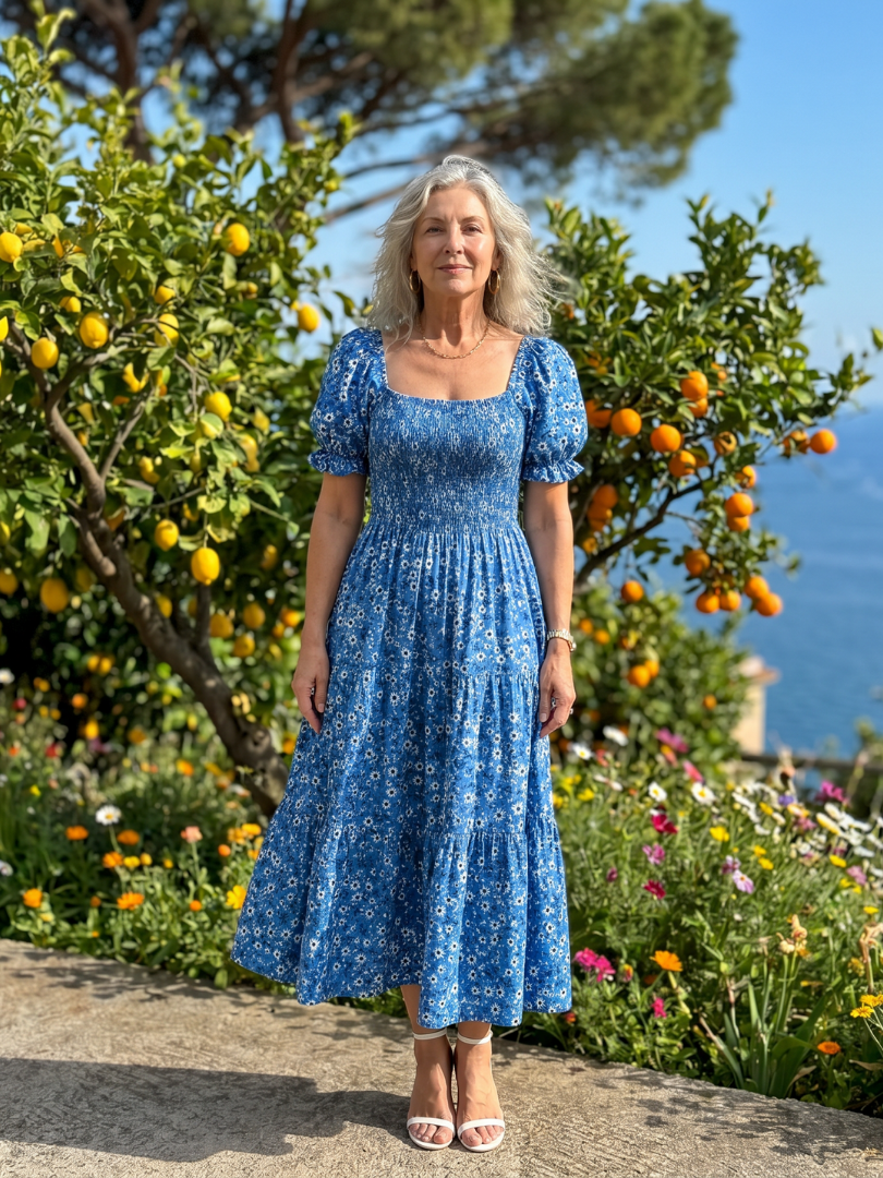 Greta | Vestido midi floral con cuerpo fruncido