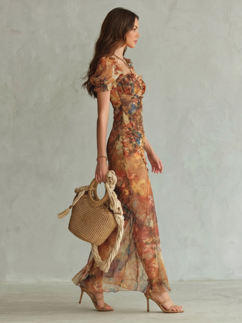 Hannelore | Vestido midi con volantes, fruncido y abertura