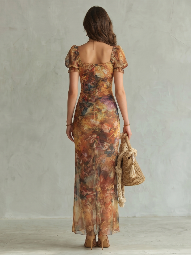 Hannelore | Vestido midi con volantes, fruncido y abertura