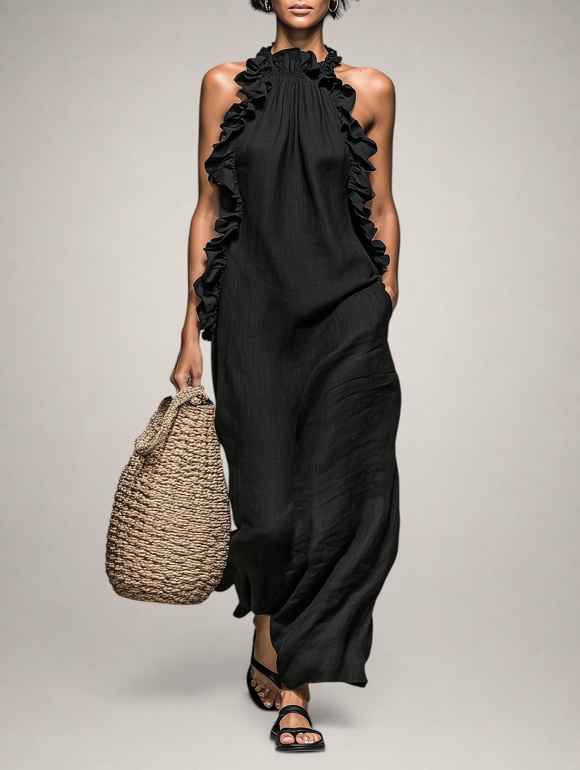 Helene | Vestido largo de lino sin mangas con volantes