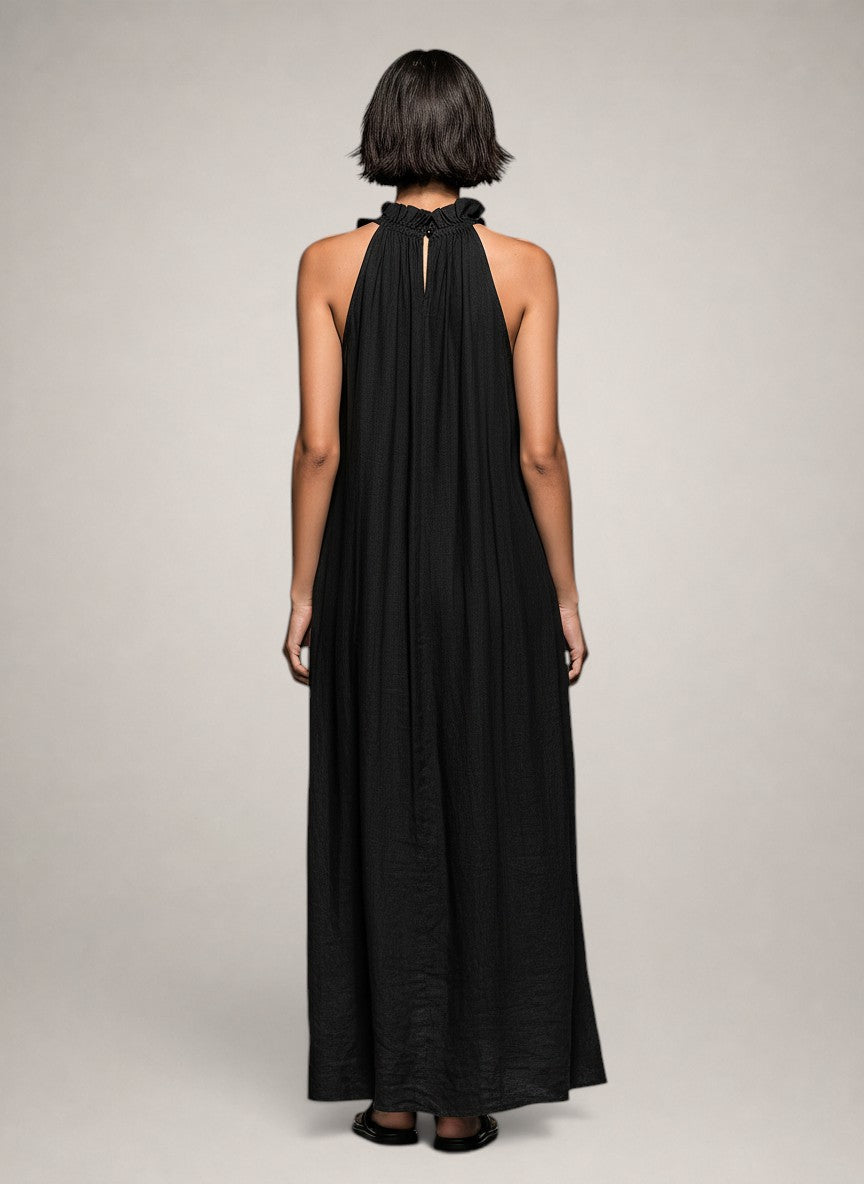 Helene | Vestido largo de lino sin mangas con volantes