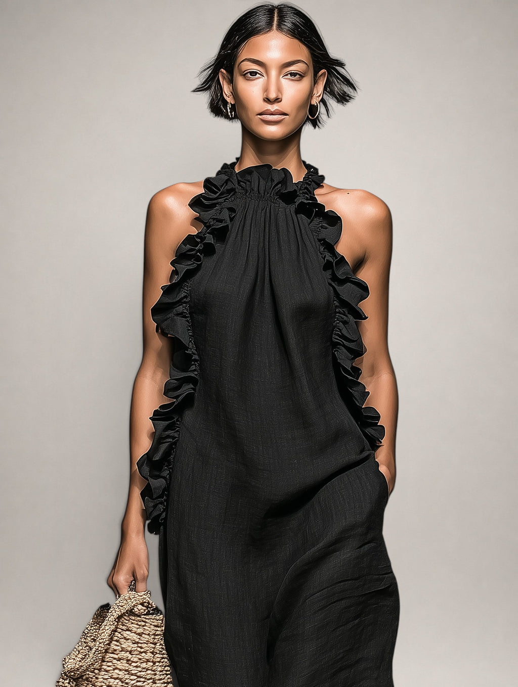 Helene | Vestido largo de lino sin mangas con volantes