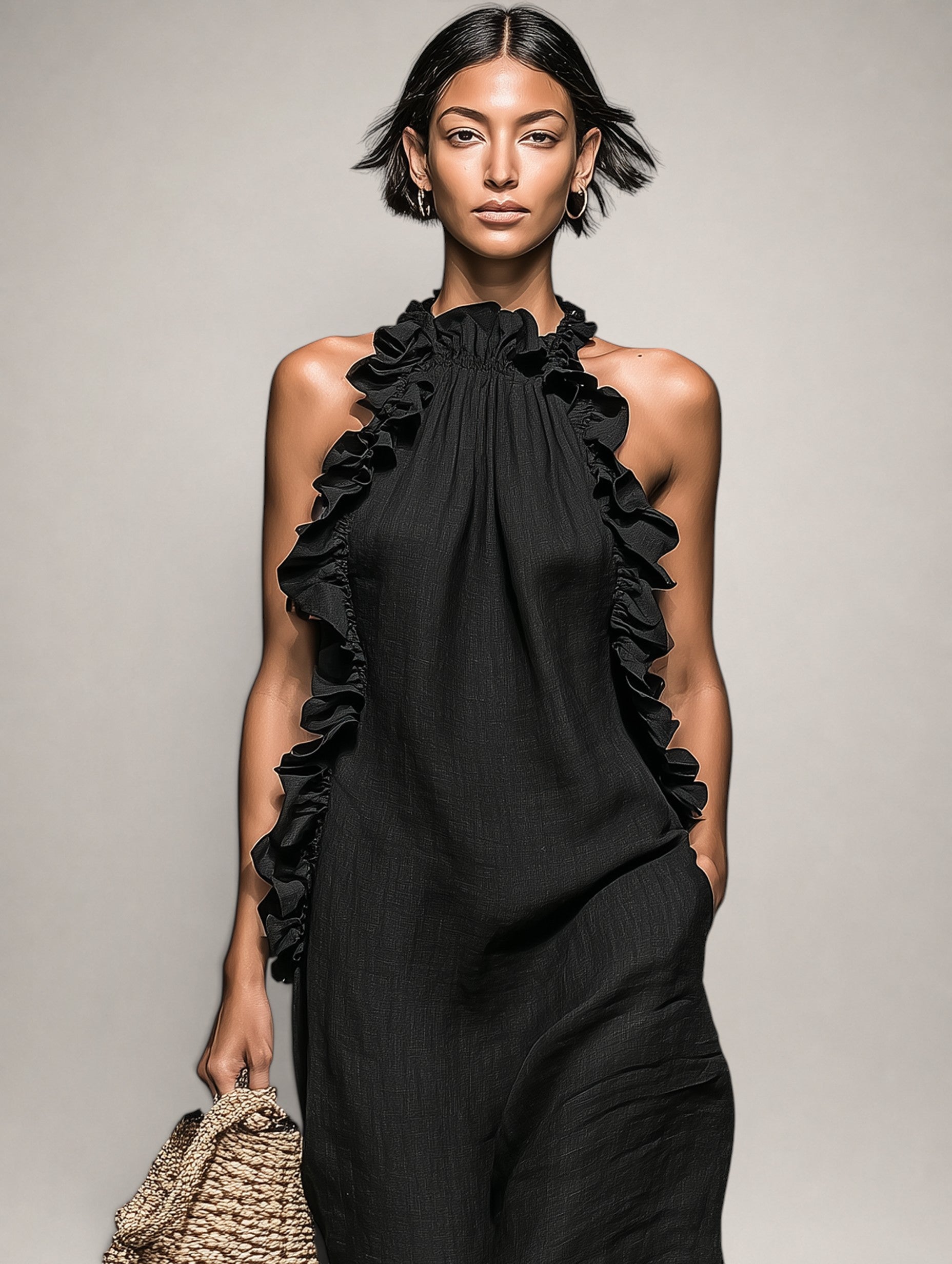 Helene | Vestido largo de lino sin mangas con volantes
