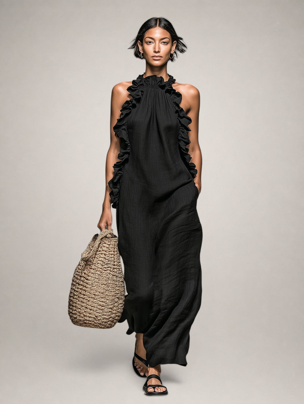 Helene | Vestido largo de lino sin mangas con volantes