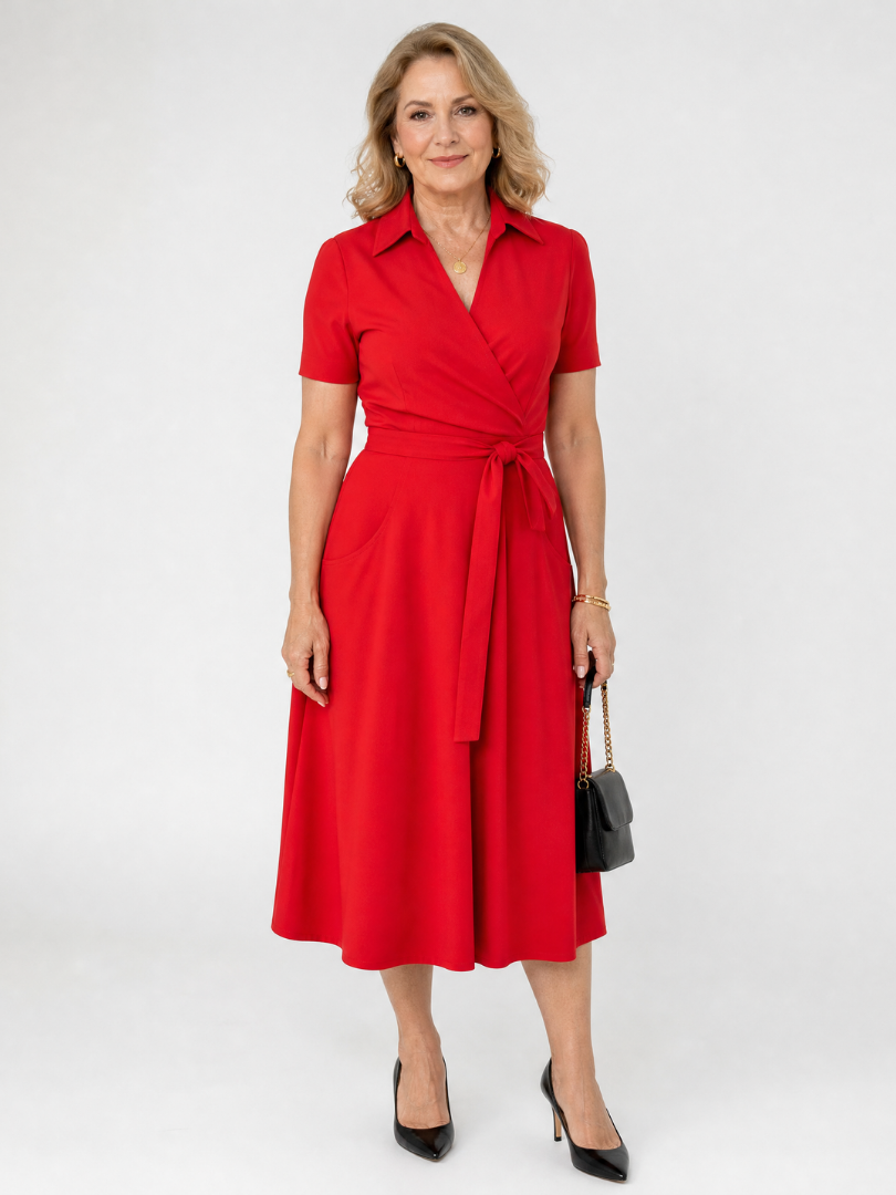 Helene | Vestido midi cruzado con cuello y cinturón anudado