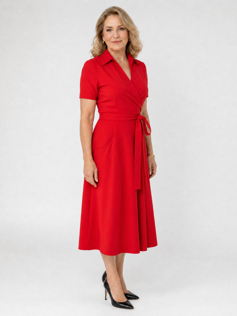 Helene | Vestido midi cruzado con cuello y cinturón anudado