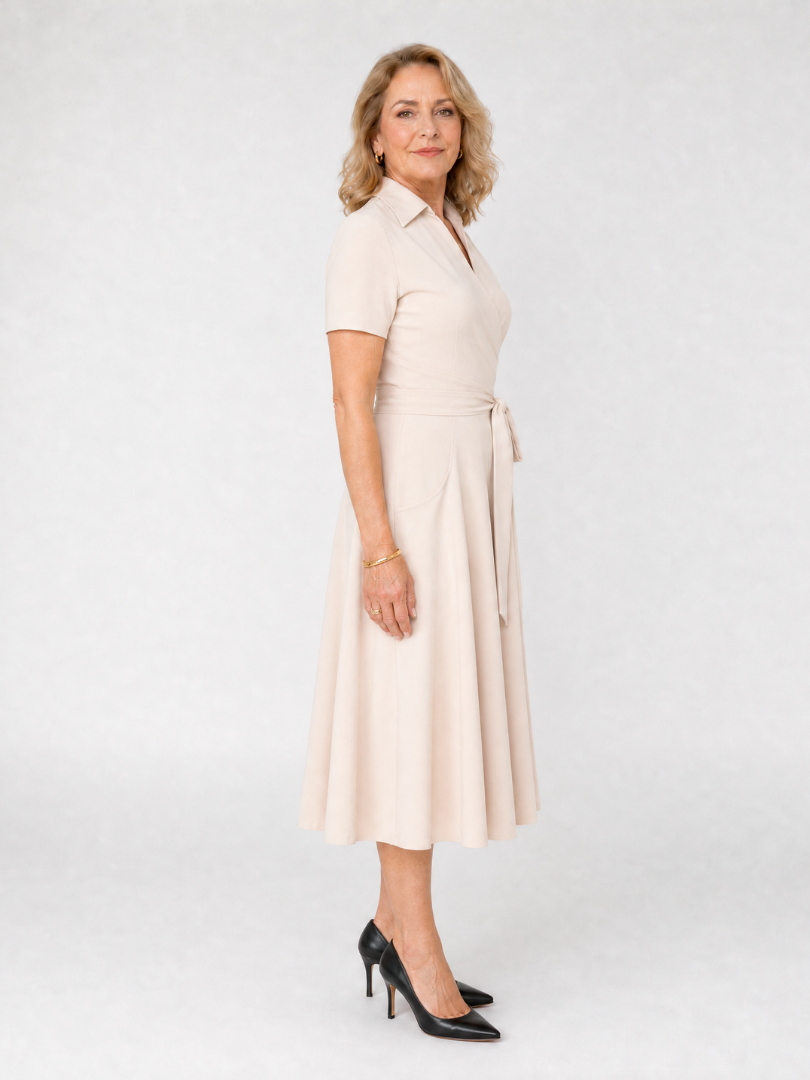 Helene | Vestido midi cruzado con cuello y cinturón anudado