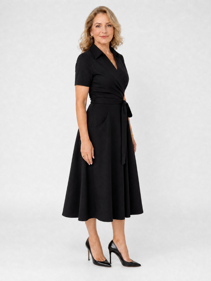 Helene | Vestido midi cruzado con cuello y cinturón anudado