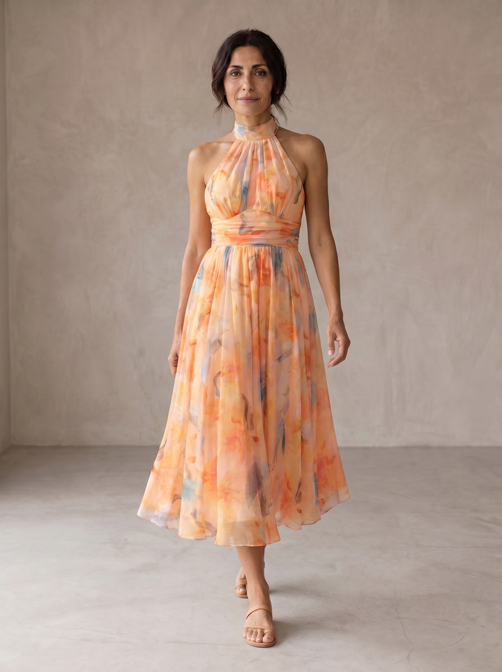 Aurora, Vestido con Cuello Halter y Estampado Acuarela de Zelira