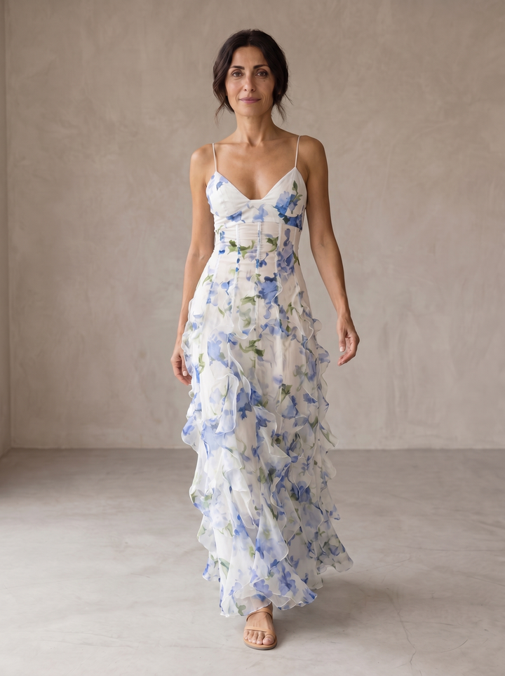 Uri, Vestido Midi Floral con Fruncidos de Zelira