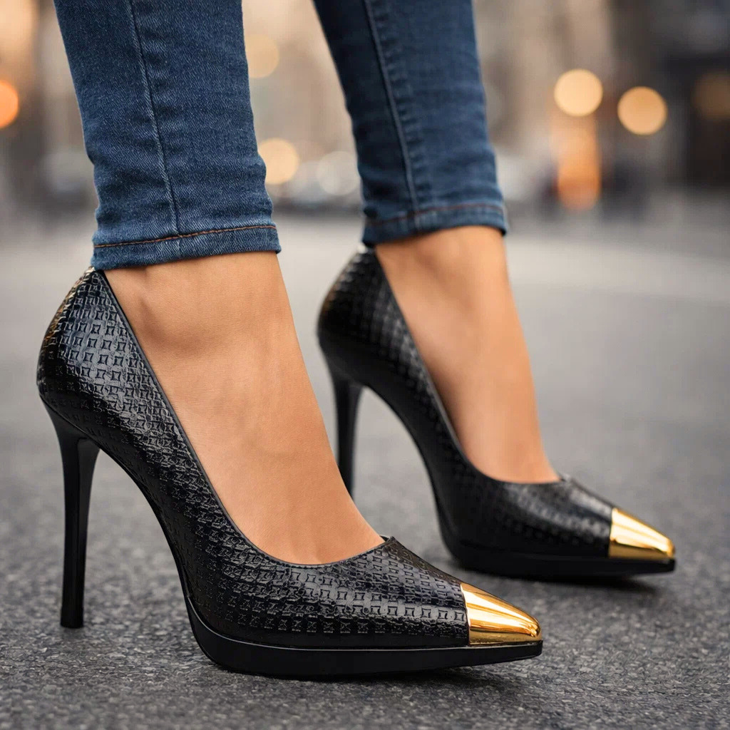 Hildegard | Zapatos de tacón de aguja de punta fina con detalle metálico dorado