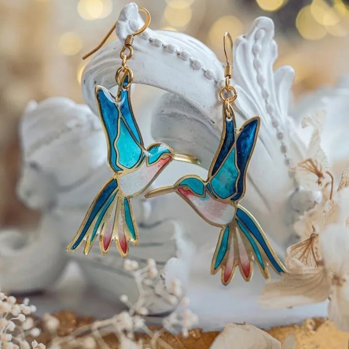 Pendientes con colibrí de oro y esmalte azul - Zelira