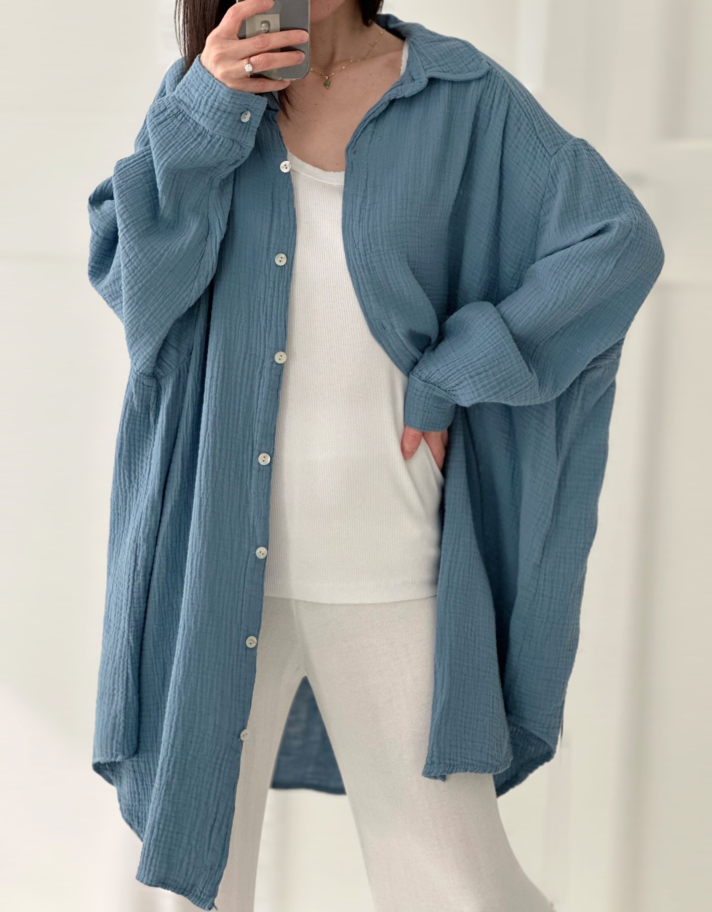 Blusa de muselina, oversize larga, 32 colores