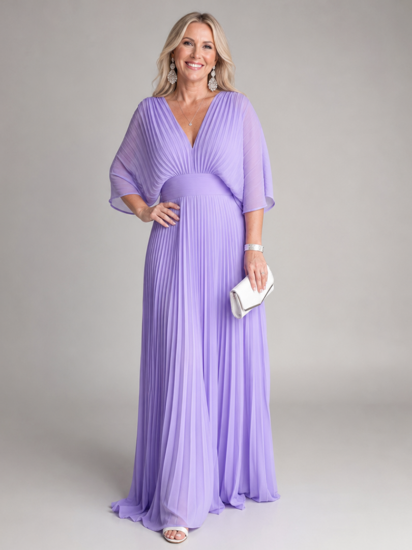 Ingrid | Vestido de noche plisado con escote en V y mangas largas