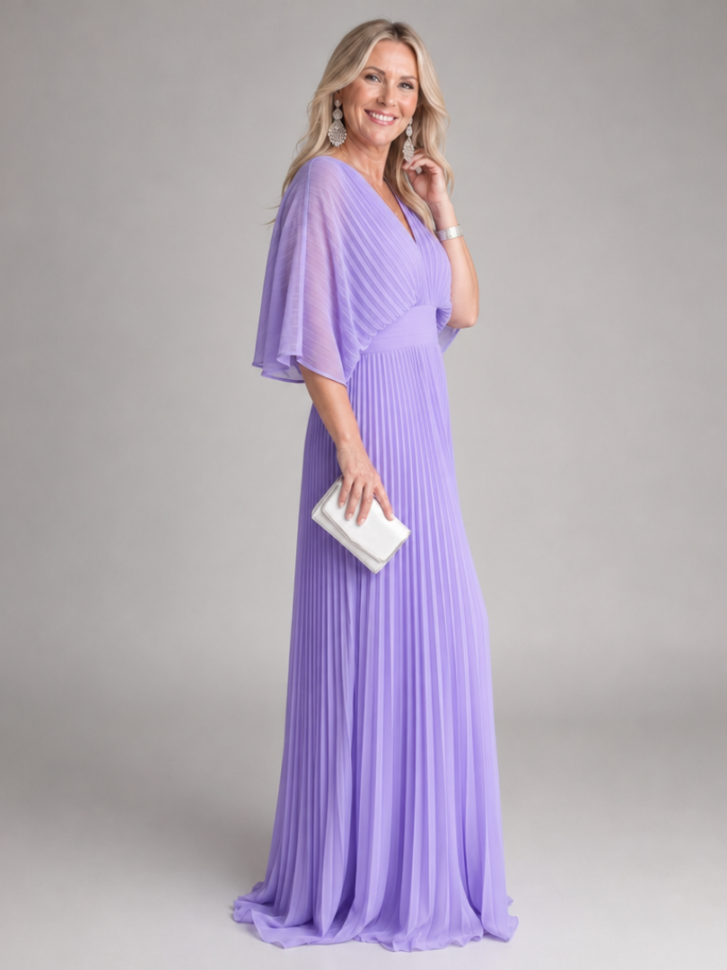Ingrid | Vestido de noche plisado con escote en V y mangas largas