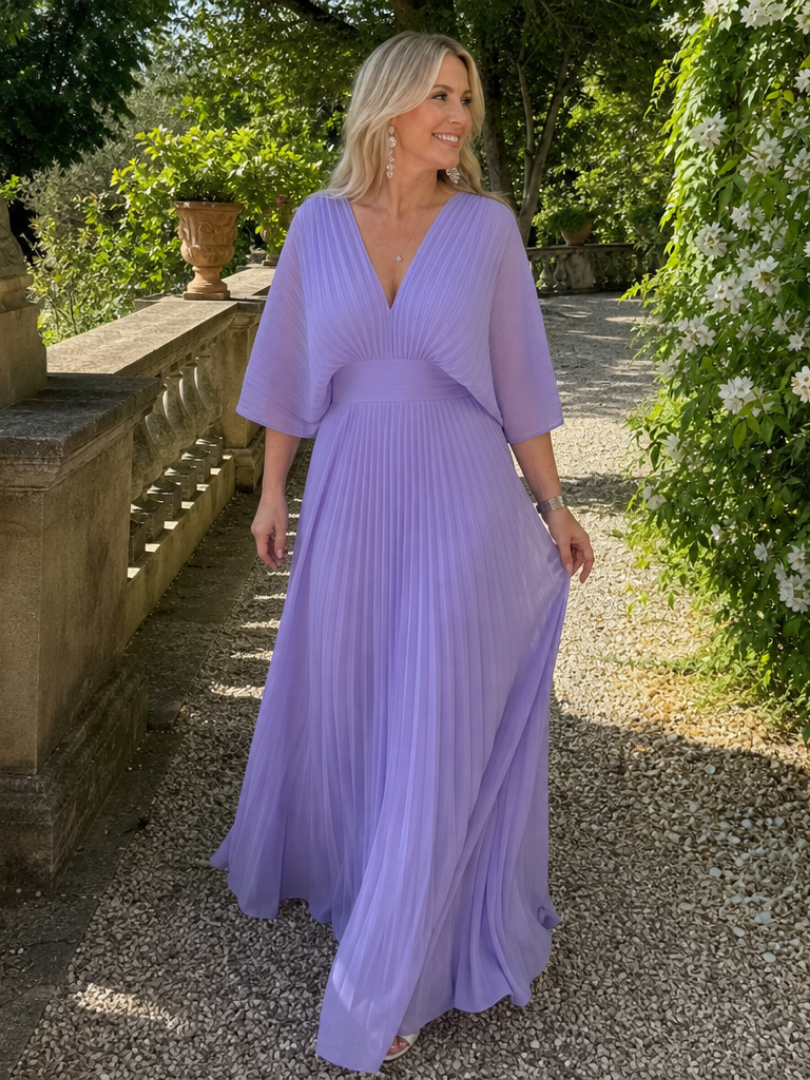 Ingrid | Vestido de noche plisado con escote en V y mangas largas