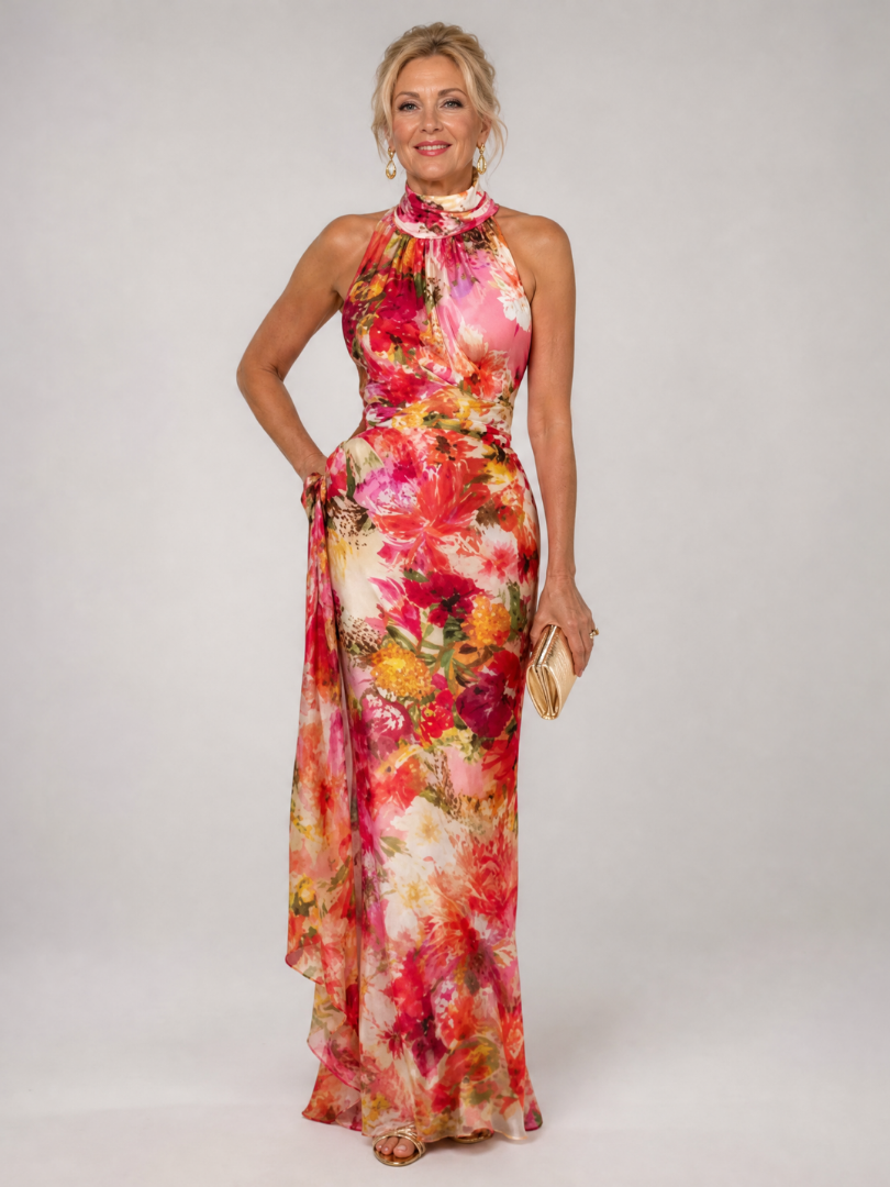 Isolde | Vestido maxi floral con cuello halter