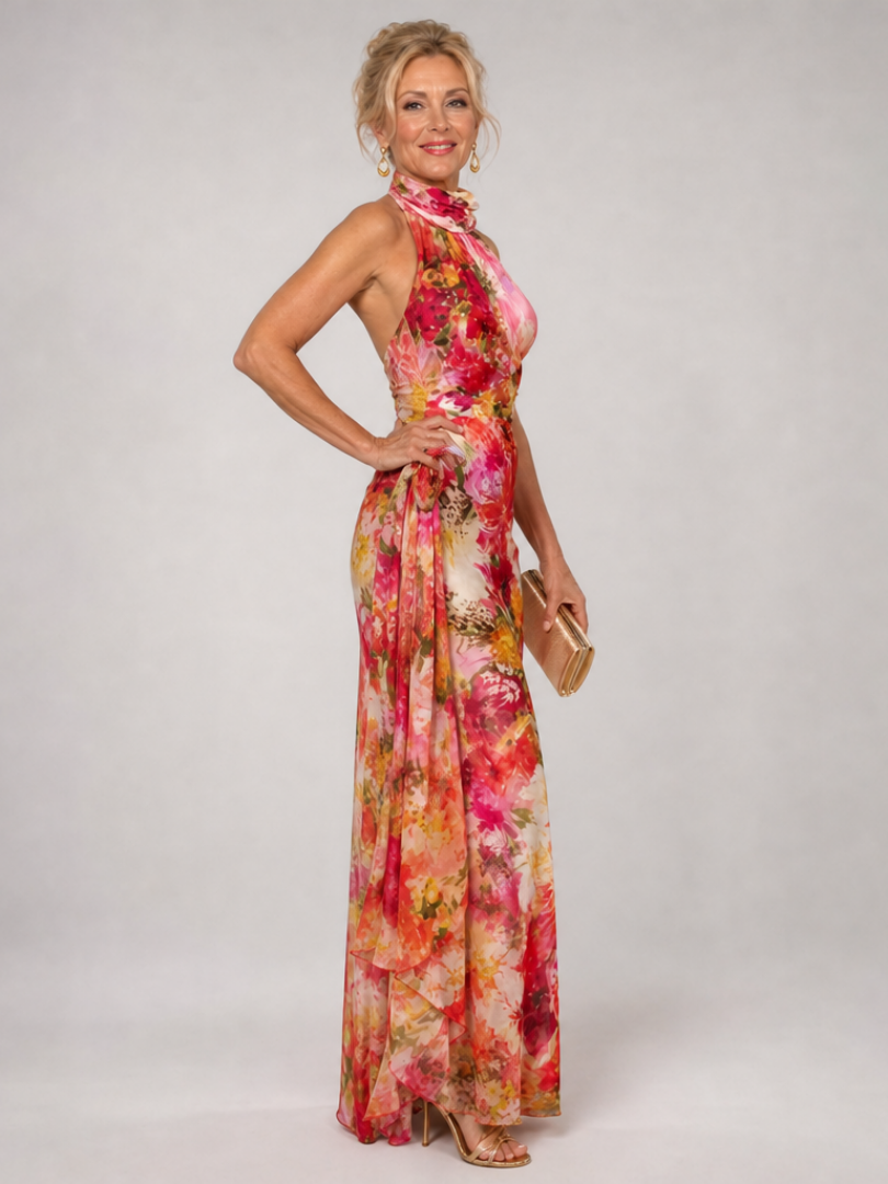 Isolde | Vestido maxi floral con cuello halter