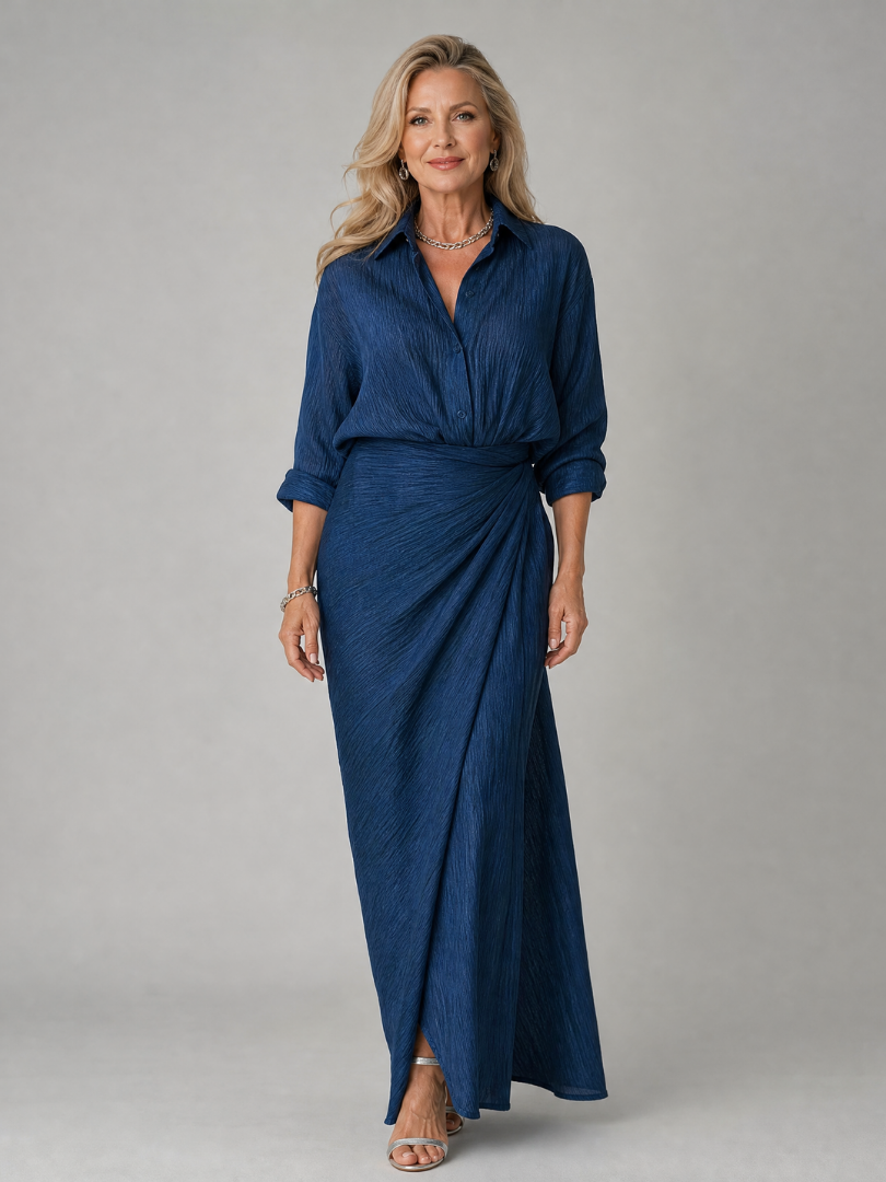 Leonora | Elegante vestido maxi cruzado en azul marino