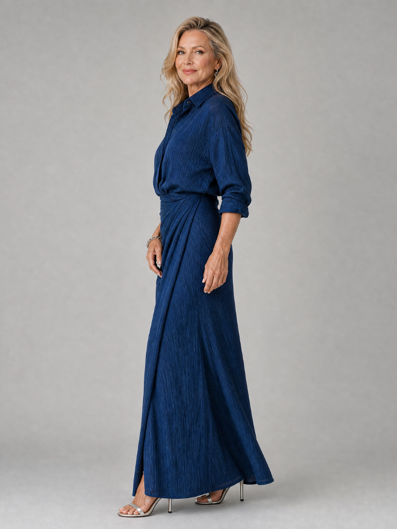 Leonora | Elegante vestido maxi cruzado en azul marino